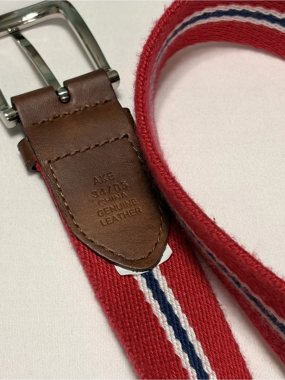 Nautica Red Striped Woven Men's Belt‎ with Brown Leather Trim 34/85
